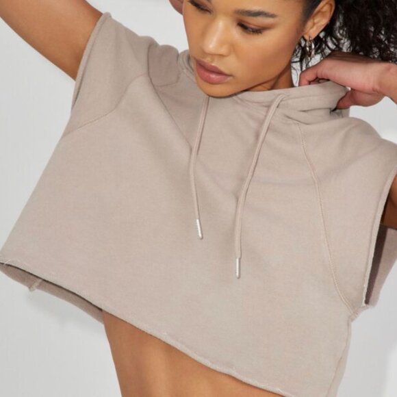 NWT GARAGE Cropped Boyfriend Sleeveless Hoodie in Cobblestone Beige XS $40 - Picture 2 of 6